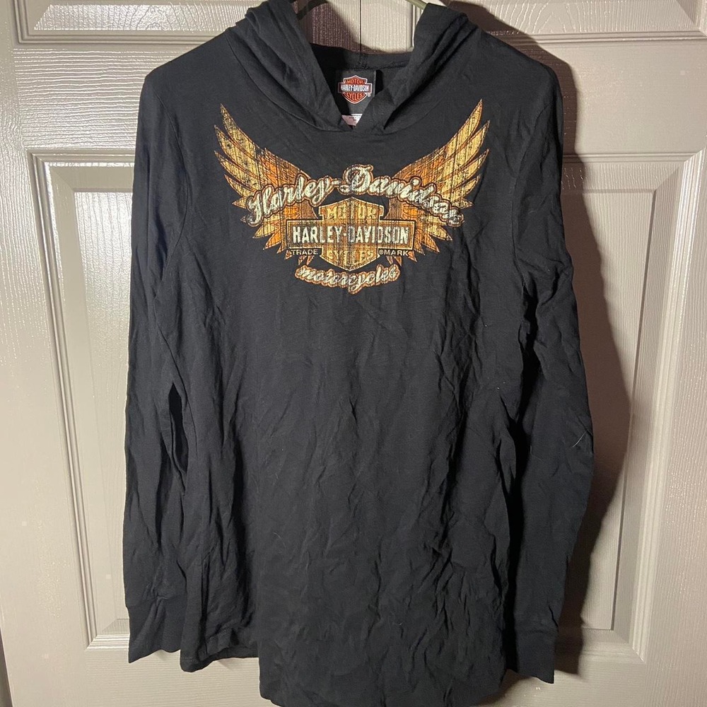 Vintage Harley Davidson Rubber City Akron Ohio Hooded Long Sleeve Shirt Mens L